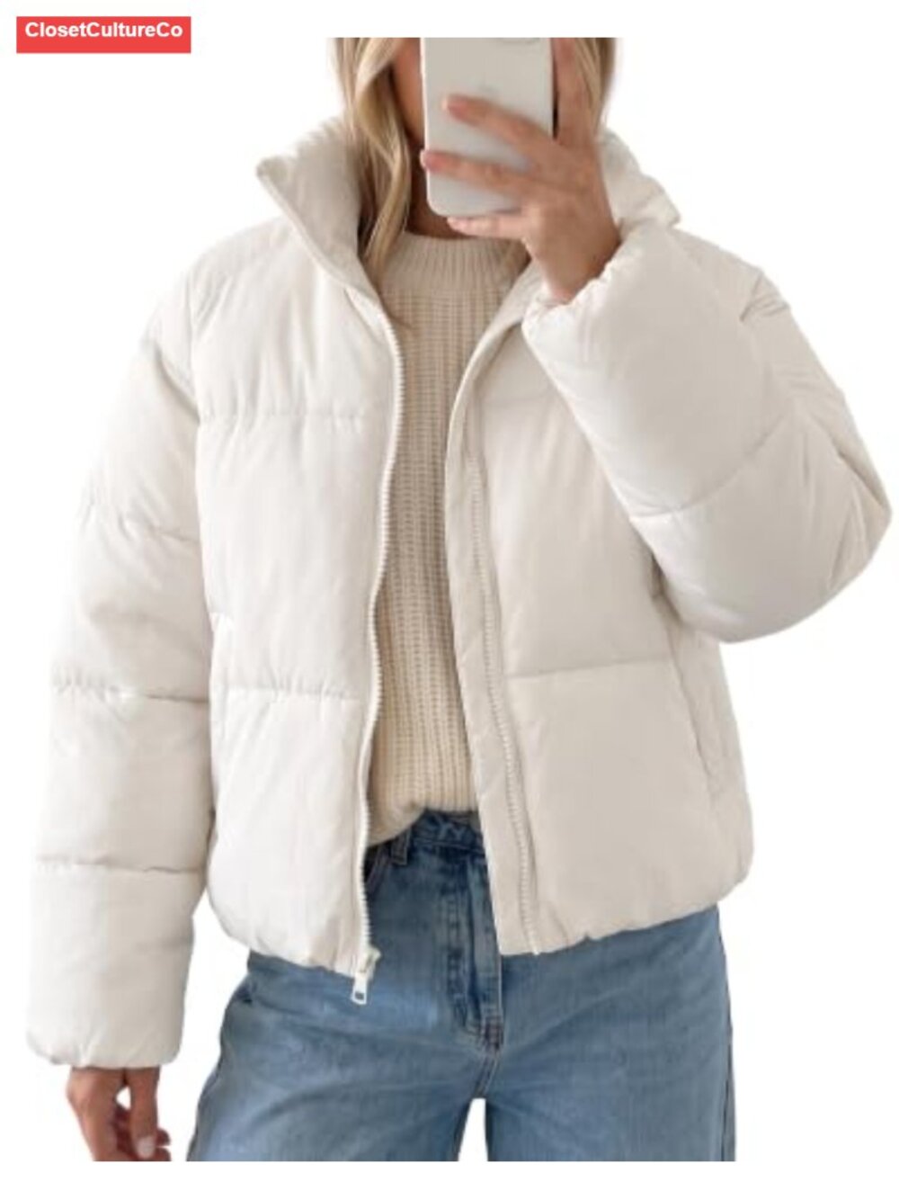 Womens Cropped Puffer Jacket Warm Quilted Zip Up Winter Coat